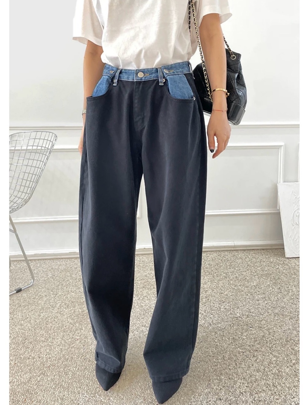 The Frankie Shop Hayla Contrast Denim Pants Black Blue Wide Leg M/L
